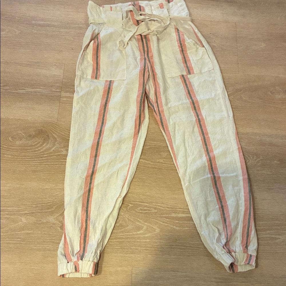 Retro Linen Cream and Pink Striped Paper Bag Joggers Worn 1X Sz. S